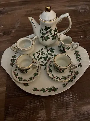 Vintage Miniature Porcelain Christmas 9 Pc Tea Set ~ Green Holly & Red Berries • $18