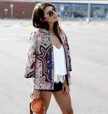 ZARA Multicolor Ethnic Embroidered Embellished Boho Jacket Size: L EUC Worn Once • $69.99