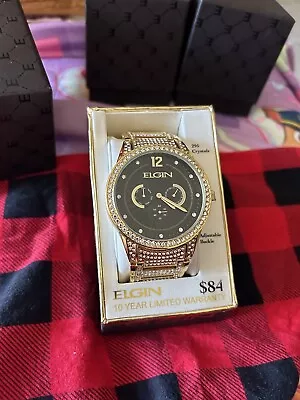 Elgin Men's Gold-Tone - 295 Crystals - Black Dial Watch - FG160030G - NEW! • $20