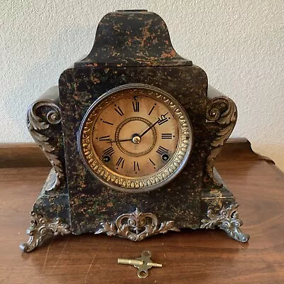 Works! Vintage Antique SETH THOMAS ADAMANTINE Brass Feet Scroll Mantle Clock • $275