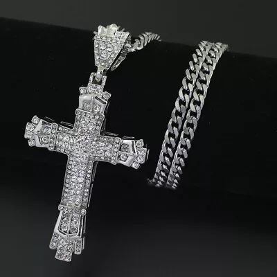 Crystal Cross Big Pendant Necklace Chain Crucifix Rhinestone Jewellery Men Women • £3.79