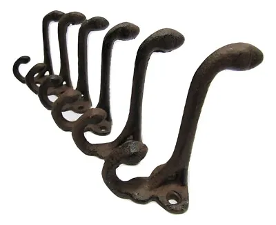 Lot 6 Antique-Style Rustic Brown School Double Coat Hooks Cast Iron Hardware • $24.88