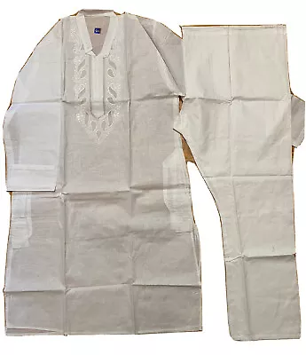 NWT Men's BOYS Kurta PAJAMA SET SZ 44 LARGE White Cotton EMBROIDERY INDIA-USA SE • $31.95