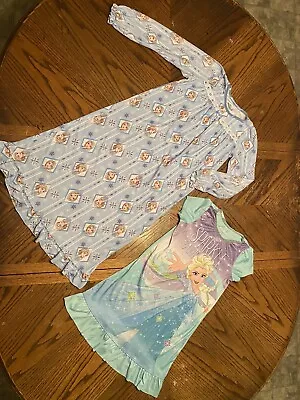 Disney Frozen Anna Elsa Princess Girl Long Sleeve Nightgowns Size 8 - Lot Of 2 • $9.50