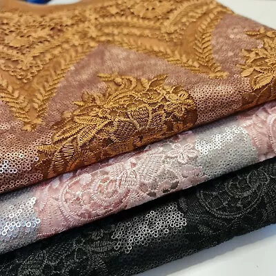 Sequin Embroidery Lace Border Material Dress Craft Wedding Fabric 54  Meter • £2.92