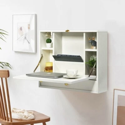 Wall Mounted Folding Laptop Desk Hideaway Organizer Storage Space Saver White • $83.96