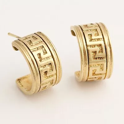 Vintage Greek Key Hoop Earrings Gold Vermeil Sterling Silver Wide Hoops • $78