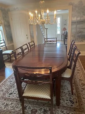 8' Rosewood Dining Set With Brass Inlay; 9 Chairs; 2 Leaves; 1 Sideboard • $2000