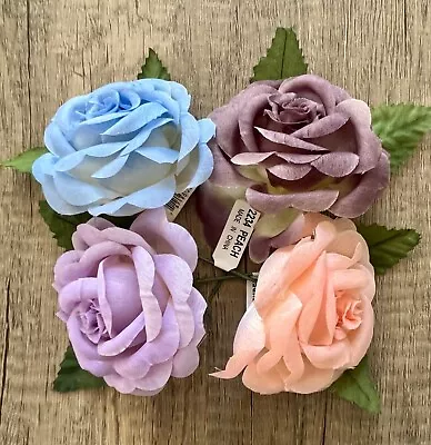 3” Millinery Roses Wire Stems 2 Leaves Fabric Flowers Hats Boutonniere X12 • $9.75