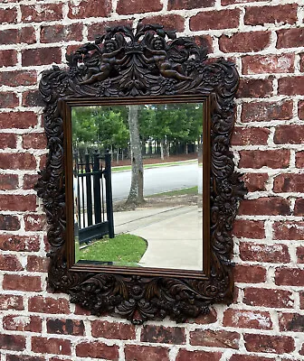 Antique French Mirror Framed Hanging Wall Mirror Cherubs Beveled Rectangular Oak • $2865