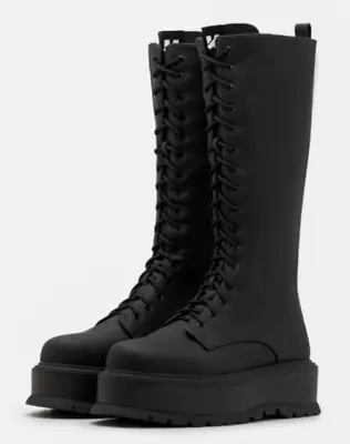 Koi Vegan Palantir UK 9 / 42 Black Faux Leather Platform Lace Up Mid Calf Boot • £29.99