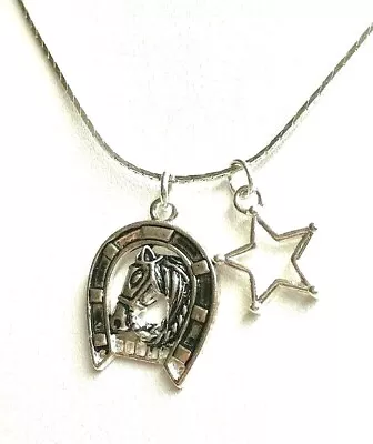 Silver Mustang Horse Necklace 18  Horseshoe Star Country Western Cowgirl Plated  • $7.99