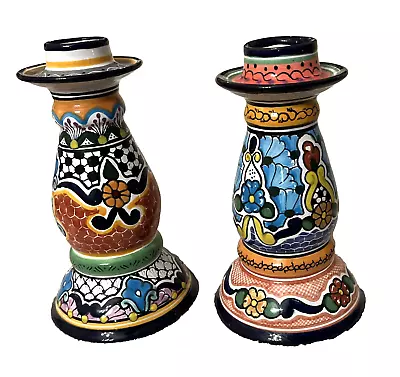 Talavera Pottery  Candlestick Holder Set Of 2 Signed Mexico Hernandez 7.5  • $59.99