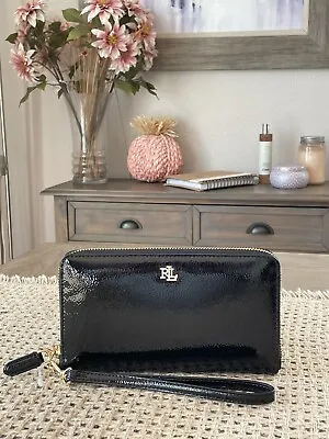 Ralph Lauren Patent Leather Long Zip Around Wallet Wristlet Strap Wallet Black • $59.98