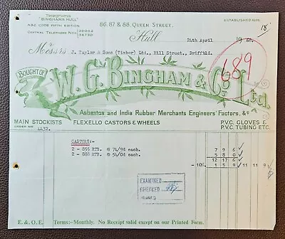 1968 W. G. Bingham & Co. Asbestos & Rubber Merchants Queen St Hull Invoice • $6.21