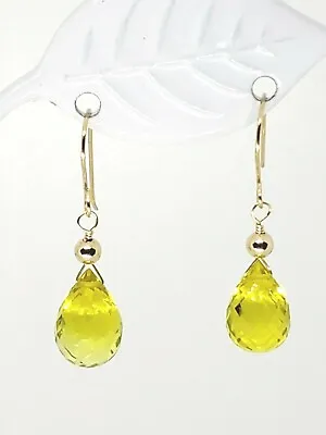 14k Yellow Gold Lemon Quartz Briolette Drop Dangle Earrings • $54.99