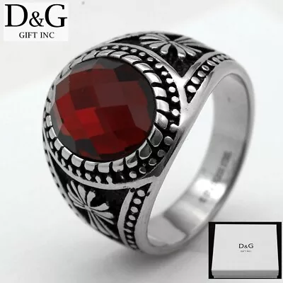 DG Men's Stainless Steel Oval Red Cubic ZirconiaCROSS Ring 8-13High Polish BOX • $15.99