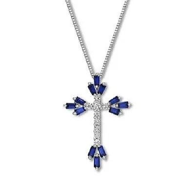 Blue And White Sapphires Cross Necklace Pendant Men 925 Sterling Silver • $116