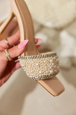 New Women's Jeweled Rhinestone Pearl Slide Mules Sandal Stiletto Heel Open Toe • $28.59