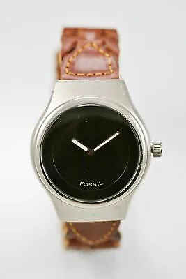 Fossil Watch Mens Big Tic Stainless Steel Silver Leather Brown 50m Black Quartz • $34.93