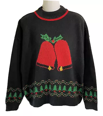 Vintage 80's Christmas Sweater Size X-Large Sweet Tree Original Black Tree Bells • $30