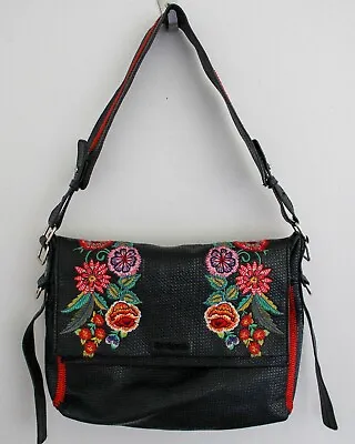 Desigual Black Woven Faux Leather Floral Messenger Large Hobo Bag Purse 19SAXPA8 • $27.99