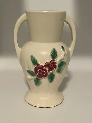 VTG Morton Pottery 1940’s Double Handle Vase Red Green Flowers Roses • $22