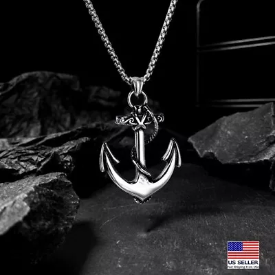 Men Stainless Steel Retro Rope Wrap Anchor Style Pendant Necklace 0322 • $6.99