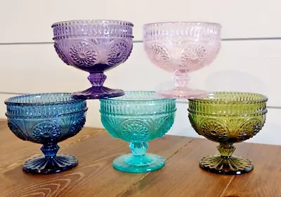 Set Of 5 Modern Vintage Footed Ice Cream Sundae Dishes Glass Dessert Cup Adeline • $39.99