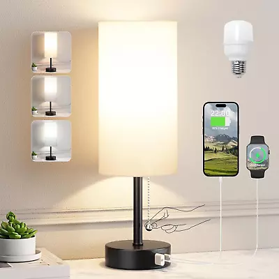 Lamp LED Light Night Stand Table Bedside Grey Shade With USB Charging Pull Chain • $37.94