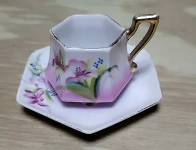 Vintage Miniature Japan Hexagon Cup And Saucer. Hand Painted With Gold Trim. • $19.99