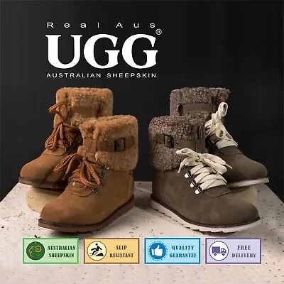Ugg Real Aus 100% Australian Sheepskin Wool Women 6  Flat Ankle Boots Chestnut • $55.95