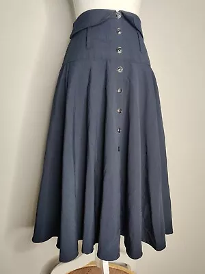 Vintage Nvy Blue Midi Skirt Size 10 12 Edwardian Style Buttons High Rise Flare • £47