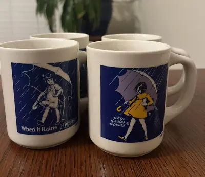 Vintage Morton Salt Girl Coffee Cup Mug When It Rains It Pours Umbrella Set Of 4 • $21.97