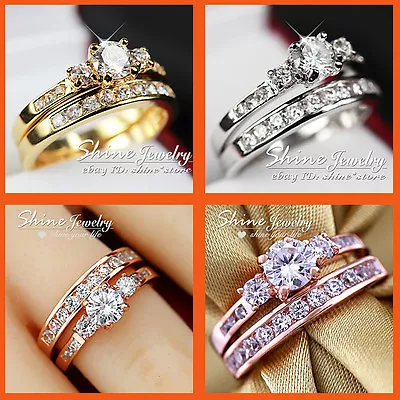 18k Gold Filled Trilogy Simulated Diamond Wedding Eternity Ladies Gift Rings Set • $19.74