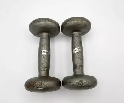 Vintage Wanko Silver Cast Iron Round Head 5 Lb. Dumbbells Set Weightlifting • $17.46