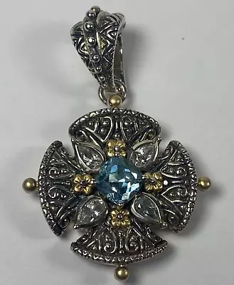 Bixby 925 Sterling Silver & 18k Gold Blue Topaz Maltese Cross Pendant 16.9 Grams • $40.99