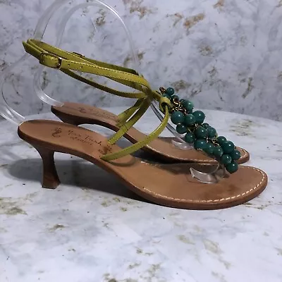 Miss Trish Of Capri 37.5 Womens Size 7.5M Shoes Green Brown Leather Beaded Heels • $30