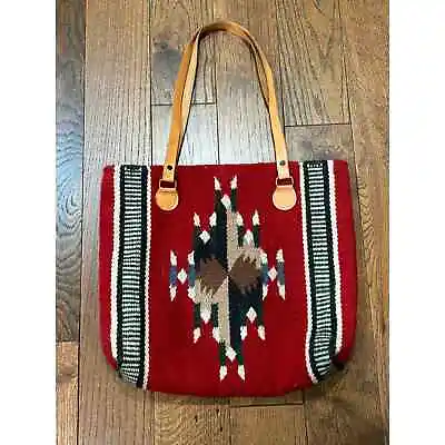 90s Kilim Women Vintage Wool Leather Tote Bag Carpet Purse Southwestern • $25.50