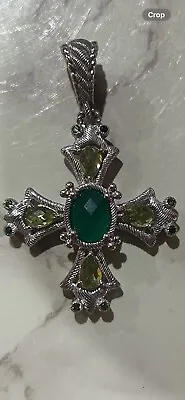 Judith Ripka Sterling Silver And Green Stone Cross Pendant • $159.95