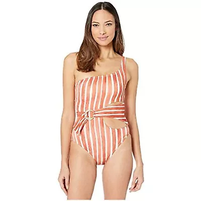 $122 Vince Camuto Hammock Stripe One Shoulder Ring Wrap One-Piece Orange Size 8 • $26.46