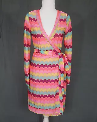 Rubber Ducky Wrap Dress S Pink Colorful Chevron Retro 60s 70s Fun Open-Knit • $22