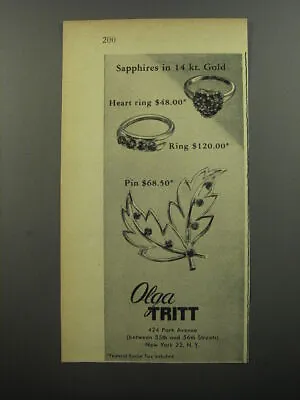 1956 Olga Tritt Jewelry Ad - Sapphires In 14 Kt. Gold Heart Ring $48.00 • $19.99