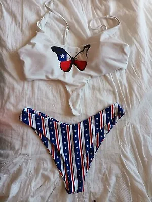 Zaful Multicoloured Stars & Stripes BUTTERFLY Padded Bikini Brief Set UK Medium • £19.99