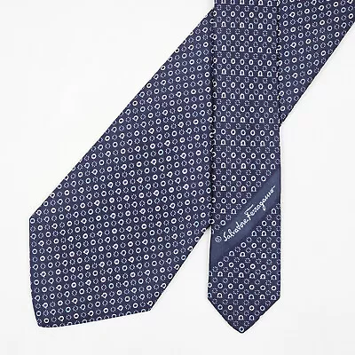 Salvatore Ferragamo Tie Necktie Gancini Logo Polka Dot On Dark Blue Woven • $120