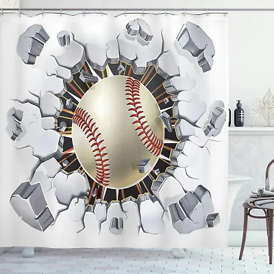 Baseball Ball In Plaster Wall Illustration Design Decor Shower Curtain Set XLong • £39.90