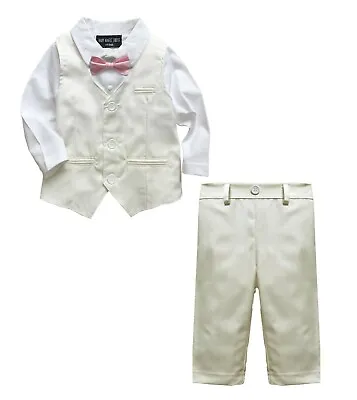 Baby Boy Formal Wedding Tuxedo 2pc Cream Suit With Pink Bow Tie Free UK P+P • £8.99