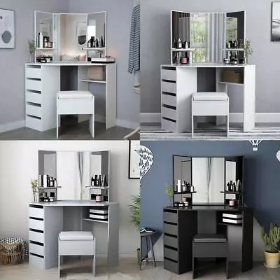 £128.79 • Buy Corner Dressing Table 3 Mirror 5 Drawers Desk Set & Small Stool Black White Grey