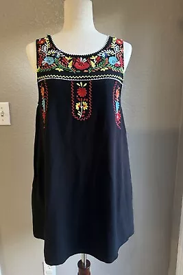 Black Cotton Mexican Floral Embroidered Boho Peasant Shift Mini Dress Medium • $22