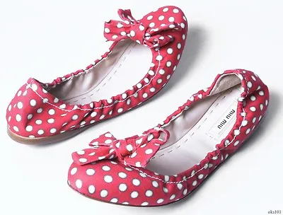 PRADA MIU MIU Pink White 41 11 Polkadot BOW Flats Shoes Super Cute New $450  • $199.99